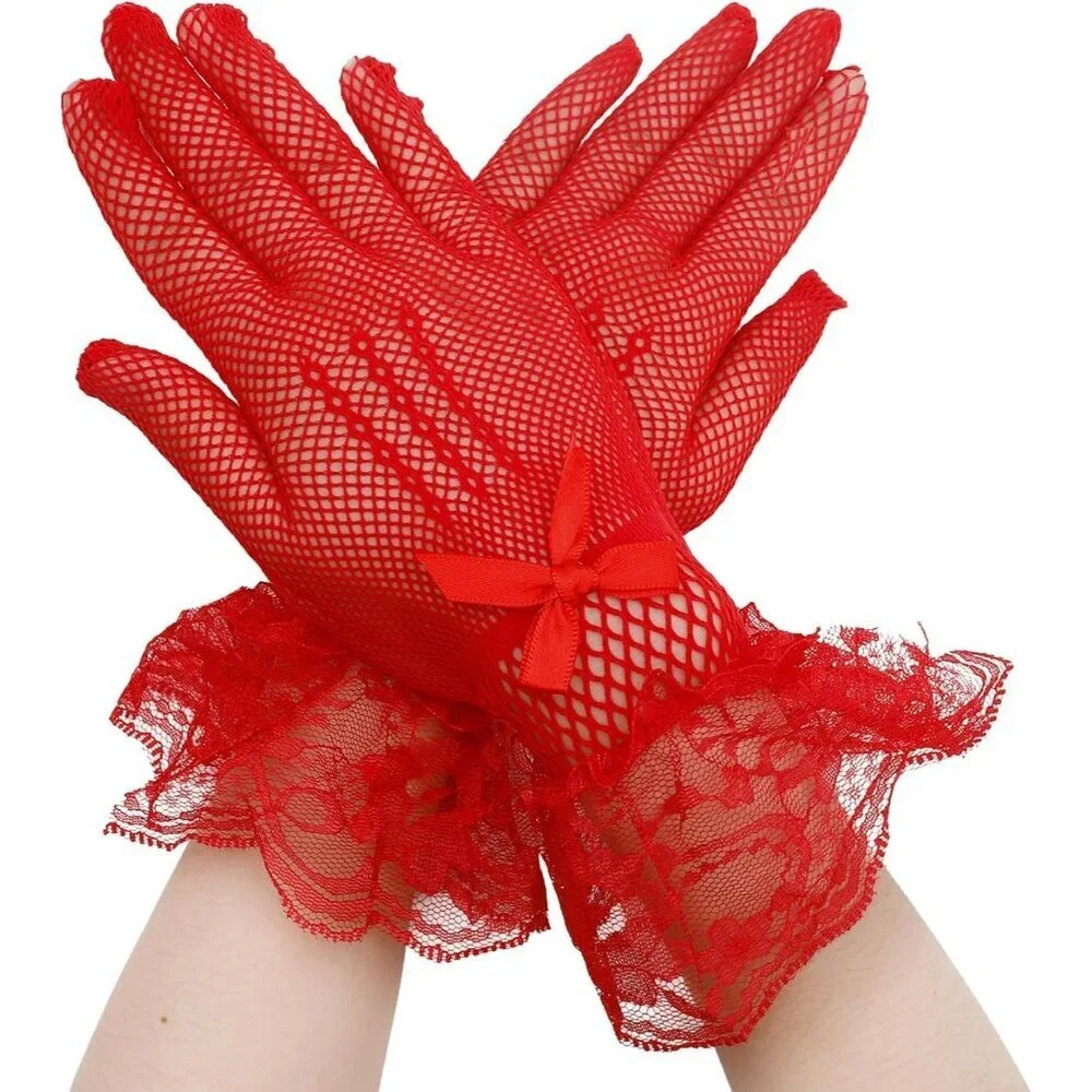 Women's A-Red Halloween Tea Short Lace Gloves Elegant Bridal Cosplay Party